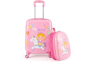 COSTWAY Kids Suitcase, 2Pcs Luggage Backpack Set with Wheels, Telescopic Handle, Airline Approved Carry-on Children Travel Suitcase for Holidays, Sleepovers, School Trips (Unicorn)