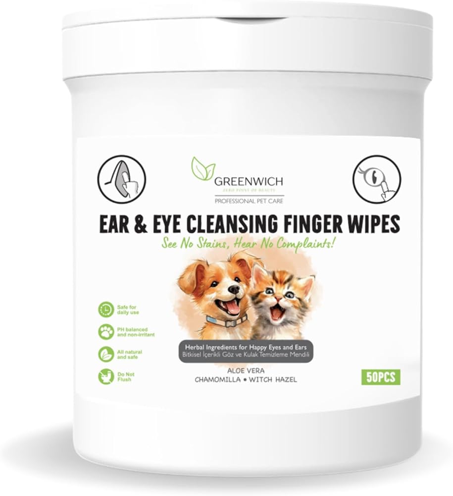 Greenwich Kedi ve Köpek Göz ve Kulak Parmak Mendili 50 Adet – Tek Kullanımlık Vegan Temizleme Mendili | Günlük Göz ve Kulak Hijyen Bakımı