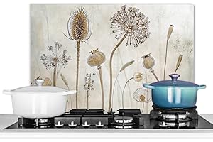 KitchenYeah© Pannello Paraschizzi Cucina Alluminio 60x40 cm para Schizzi per Piano Cottura Parete Cucine Fiori - Acquerello - Natura Morta - Marrone - Vintage