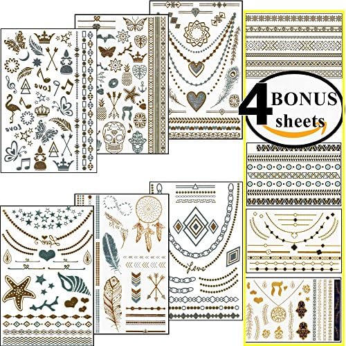 ChicTats Metallic Temporary Flash Tattoos Gold &amp; Silver Set of 6 PLUS 4 BONUS Sheets All in One Pack- Bling Body Art &amp; Jewelry for Women &amp; Girls - Waterproof Fashionable Makeup Stickers