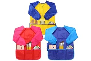 LEADSTAR 3 Pièces Longue Manches Tablier de Peinture,Imperméable Blouse de Peinture pour Enfant (Bleu & Rouge & Jaune)