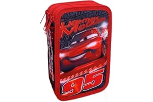 CARTOON Astuccio Scuola 3 Zip, Cars, Disney, multiscomparto, Completo 44 Pezzi, Colori Giotto, 20 x 13 x 6 cm