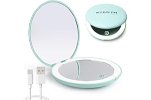 wobsion Led Compact Mirror,Rechargeable 1x/10x Magnification Compact Mirror with Light,Dimmable Small Travel Makeup Mirror,Pocket Mirror for Handbag,Purse,Handheld 2-Sided Mirror,Gifts for Girls,Cyan