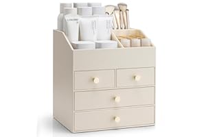 Vlando Make up Organizer mit 4 Schubladen, Schminktisch Organizer, Kosmetik Organizer, Schmink Organizer für Badezimmer, Dresser Skincare, Beige