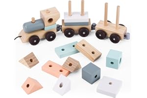 UMU® Train en bois 2 en 1 pour tout-petits – Kit de tri et empilement (18 pièces, entièrement démontable), 37 cm, jouet Montessori pour enfants à partir de 1 an
