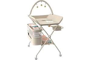 HUOLE Klappbare Wickelkommode, Baby Wickelkombi, mobiler Wickeltisch mit Wickelauflage und Ablagefächern, platzsparend und stabil,75 x 68 x 83–91 cm (B) Cremeweiß
