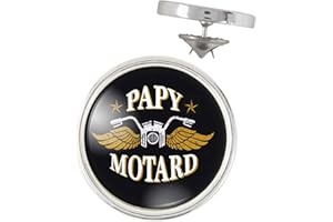 BADGE Pin's Argenté 20mm Papy Motard - Moto Ailée Fond Noir - Humour Idée Cadeau Homme Grands Parents Anniversaire Fête Pins Bouton Epinglette, Polychlorure de vinyle, Polychlorure de vinyle