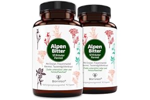 ‎BONVIGO BonVigo® AlpenBitter 180 Bitterstoffe Kapseln - Bitter-Kräuter u.a. Enzian, Wermut, Tausendgüldenkraut - Cholin unterstützt Leber, Fettstoffwechsel, Verdauung - Magenbitter Formel nach Kloster-Rezept