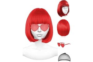 ACOECO Featured Wigs and Heart Sunglasses, Color Bob Wig, Party Cosplay Wigs, Rainbow Wig with Neon Glasses for Women - Bachelorette Party Decorations Favors (Red)