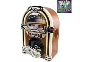 DTL PACKAGE BXL Table Top Retro Mini CD Jukebox plus Rock N Roll CD. Moving Lights, Home Audio System with CD Player, AM and FM Radio. 40 cm tall. Real Wood Veneer Jukebox, Light, Dark Wood Colour. UK Model