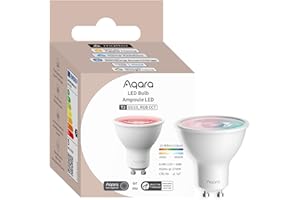 ‎AQARA Aqara Żarówki LED T2 (GU10, RGB CCT), Thread/Zigbee, Regulowana Biel (2000 K-9000 K), RGB z 16 Mln Kolorów, Odpowiednik 30 W, Matter, Zgodna z HomeKit, Alexą, Google