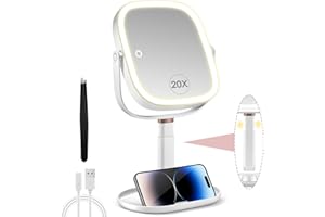 B Beauty Planet Magnifying Mirror with Light 20X/1X, Height Adjustable Makeup Mirror with 3 Color Lights, 360°Rotation and Detachable, with cell phone holders and tweezers, Rechargeable for Travel