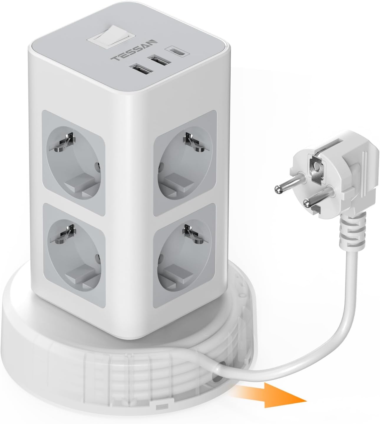 TESSAN Power Strip Sockets with USB C, 11 in 1 Vertical Power Strip with Switch, Tower Extension Plug with Retractable Extens
