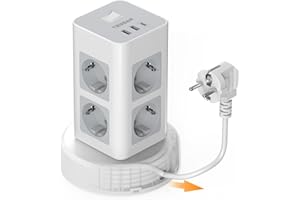 TESSAN Regleta Enchufes con USB C, 11 en 1 Regleta Vertical con Interruptor, Torre Alargador Enchufe con Cable de Extensión Retráctil 2M, 2500W para Hogar, Cocina