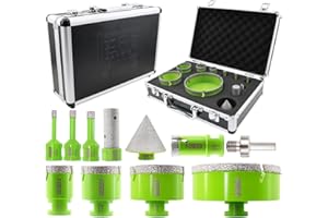 FACHLICH Foret Diamant Carrelage 6/8/10/25/35/50/68/110MM Trépans 20mm et 50mm Fingerfraise Diamantée et Adaptateur pour Carrelage Porcelaine Granit Marbre(11 Pièces)