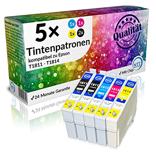 N.T.T.® 5 x Stück XL Druckerpatronen / Tintenpatronen kompatibel zu T1811-T1814 Epson Expression Home XP-102 ; XP-202 ; XP-205 ; XP-30 ; XP-302 ; XP-305 ; XP-402 ; XP-405 ; XP-405WH; XP-212 ; XP-215 ; XP-312 ; XP-315 ; XP-412 ; XP-415