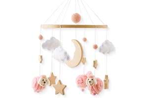Promise Babe Baby Mobile for Baby Cot,Wooden Star Moon Sheep Baby Mobiles Felt Clouds Pink Sheep Cot Mobile Mobile Newborn Boy Girl Bed Bell Wind Chimes Hanging Deco Nursery Mobiles for Babies