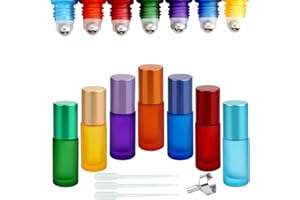 DKBT Roll on szklane butelki na olejki eteryczne, 7 sztuk, zwijane butelki, 5 ml, z kulkami ze stali nierdzewnej, na olejki eteryczne, perfumy, kosmetyki, masaż (7 kolorów)