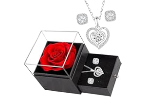 GFTCGK Ewige Rose mit Herz Halskette und Ohrringe, Infinity Rosen, Rosenbox, Schmuck Geschenkbox, Konservierte Rose für Weihnachtsfeiertag Valentinstag Jahrestag Geburtstag, für sie Frauen Freundin Frau