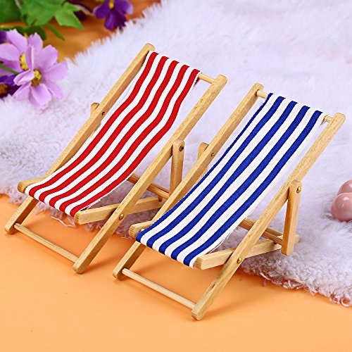 2PCS * 1:12 Miniature Foldable Dollhouse Beach Chair Model Toys Stripe Red/Blue Outdoor Chaise Longue Furniture Accessories (Radom Color)
