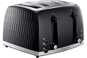 Russell Hobbs Honeycomb 4 Slice Toaster (Independent & Extra wide slots with high lift, 6 Browning levels, Frozen/Cancel/Reheat function, Removable crumb tray, 1500W, Black textured high gloss) 26071