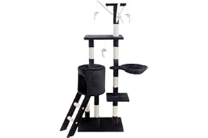JL Comfurni Cat Tree Cat Tower 140cm, Cat Climbing Tower for Indoor Cats with Cat Scratching Post, Hammock and Ladder (Black)