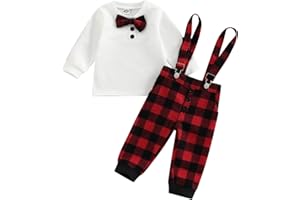 Siyova 2 Pezzi Completo Neonato di Natale Gentiluomo Camicia Manica Lunga con Fiocco+Pantaloni con Bretelle a Quadri Tuta Elegante Bambini 3-18 Mesi