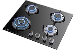 Hermitlux Piano Cottura a Gas 4 Fuochi, 60cm, per Gas Naturale/Propano, Sicurezza con Termocoppia, Vetro Nero