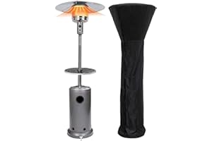 GardenCo Outdoor Gas Patio Heater - Includes WEATHERPROOF COVER - Freestanding Outdoor Garden Heater with Drinks Table - Portable Wheels - 13.5KW (Silver)