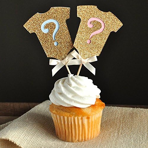 Confetti Momma Gender Reveal Party Decor. Gold Onesie Question Mark Cupcake Toppers 12Ct.