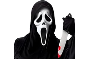 Hlisippa Maschera Scream, Ghostface Mask con Coltello Finto Halloween, Horror Scream Costume Accessorio, Ghost Face Mask Uomo, Maschera Halloween per Cosplay Carnevale