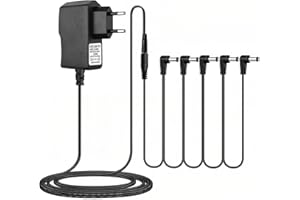 LOTNUT Adaptateur d'alimentation de Pédale Guitare 9V 1A, Bloc d'Alimentation Mural pour Pédales, Pointe Négative 5.5 * 2.1mm,Avec Chaîne en Guirlande à 5 Voies, Compatible avec la Plupart des Pédales