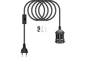 LAKONEI 500CM Cable de Lampara Techo Colgante con Enchufe y Interruptor, Lámpara de Suspensión con Metal Retro Negro Portalámparas E27, Cable de luz Colgante, DIY Colgante Luz Cordón Kit