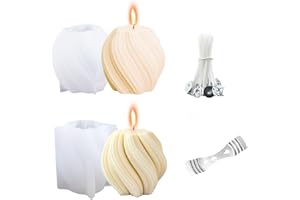 HJJMN 2Pcs Spiral Round Ball Candle Mould, Geometric Pillar Candle Mould, Irregular Wave Twisted Candle Mold, Swirl Ball Silicone Mold with Candles Wick, Candles Moulds Silicone for Home Crafts Soap Wax