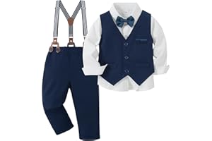 Amissz Baby Anzug Junge Hochzeit 1-5 Jahre Bekleidungssets für Jungen, Taufanzug Junge Langarm Hemd + Hosenträger + Weste + Fliege Festliche Kindermode Taufbekleidung für Baby-Jungen