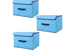 EURXLQ 3 Składane pudełko do przechowywania z pokrywką Składany pojemnik do z lnianej tkaniny z klapką i uchwytami, koc na ubrania do Domu, Szafa (Niebieski, 26×19×16 cm)