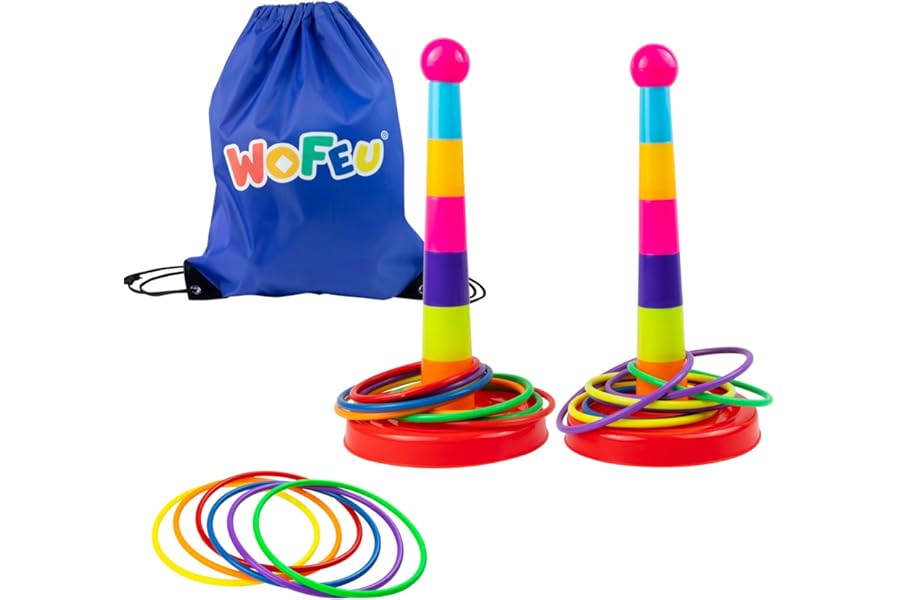 WOFEU Ring Toss Game for Kids with 18 Throwing Rings and Travel Bag, Colorful Tossing and Active Play Set,Garden Games Outdoor Play Equipment for Children,Quick Setup for Indoor and Outdoor Use