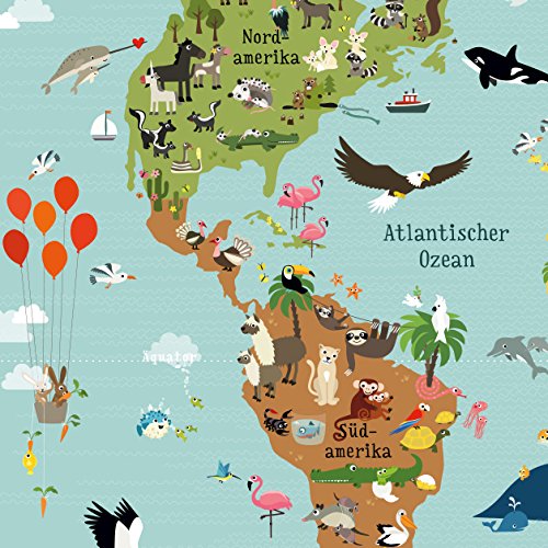 Illustrierte Weltkarte für Kinder mit vielen süßen Tieren XXL 120 x 80 cm Poster - 5