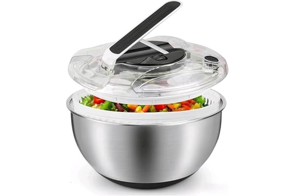 Essoreuse à Salade 4,5L en Acier Inoxydable Grande,Essoreuse à salade à piston avec saladier,en Acier Inoxydable, Panier a Salade avec Couvercle,pour Laver et égoutter Les Salades