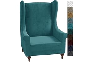 XINEAGE 1 Piece Velvet Wingback Chair Slipcover Stretch Wing Chair Cover Non Slip Furniture Protector with Foam Rods for Living Room (Wingback Chair, Peacock Blue)