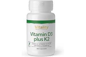 ‎VITALITY NUTRITIONALS Vitamin D3 K2 Hochdosiert Vitamin D 5000 IE & K2 200 mcg Premium All Trans MK7. 90 Mini-Kapseln Hochdosiert. hohe Bioverfügbarkeit, frei von Zusatzstoffen. Vitality Nutritionals by VitaminExpress