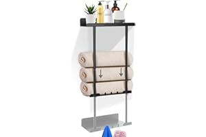 Augot Towel Rack Wall Mounted, Towel Holder for Bathroom 38-75cm Telescopic Bathroom Towel Storage Shelf with 2 Bars for Folded or Rolled Large Towels, Black