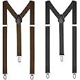 Zngou Men's Elastic Adjustable Heavy Duty Y Back Suspenders - Wide & Thin Skinny Braces, Unisex Y Shaped Suspenders with Strong Clips - Black & Brown Motorcycle Trouser Braces