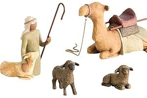 YESTREE Krippenset Born Scene Willow-Tree Figur, Figuren Krippe Harz, Geburt Belen Weihnachten, Weihnachtskrippe mit Figuren, Krippe Harz Heilige Familie, Dekoration (F-4pc)