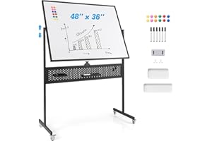GOPLUS Tableau Blanc Effacable sur Pieds à 2 Faces 120 x 90 CM, Rotatif à 360° Hauteur Réglable sur 2 Positions, Tableau Blanc Magnetique Mobile Planches à Trous pour École, Bureau, Salle de Réunion