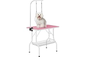 Yaheetech Mesa Peluqueria Canina Mesa Aseo para Perros/Gatos/Mascotas con 2 Correas Altura Regulable Ajuntable Superficie de Trabajo Antideslizante Más Grande Rosa