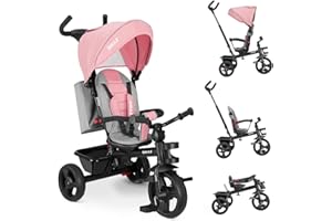 BAKAJI Triciclo Passeggino 4 in 1 per Bambini, Pedali o Manico Antiscivolo Ergonomico per Spinta, Sediolino Imbottito, Cinture di Sicurezza, Asta Direzionabile, Tettuccio Cappottino Parasole (Rosa)