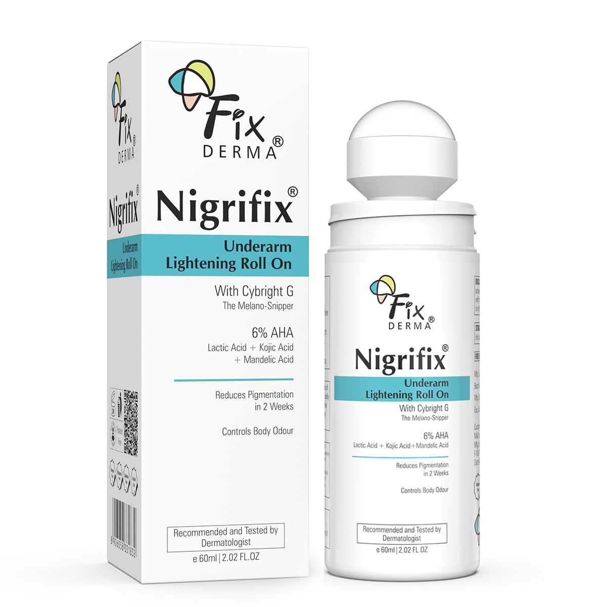 Fixderma Nigrifix Underarm Lightening Roll on with 6% AHA, Lactic Acid & 1% Mandelic Acid & Kojic Acid | Brightens Skin & Exf