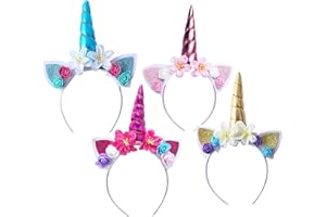 Qunkun 4/6 Stück Einhorn Haarreif, Haarreif Einhorn Mädchen, Einhorn Stirnband, Einhorn Geburtstag, Einhorn Haarreif Kinder mit Ohren und Blumen, Head Accessoires Kostümzubehör Party Dekoration