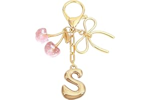 Snylcce Initial A Keychain with Bow & Cherry - Gold Letter Bag Charms for Women, Cute Purse Handbag Accessories
